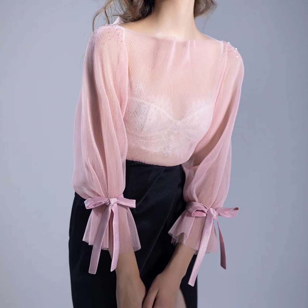 Delicate Pink Sheer Bow-Sleeve Blouse